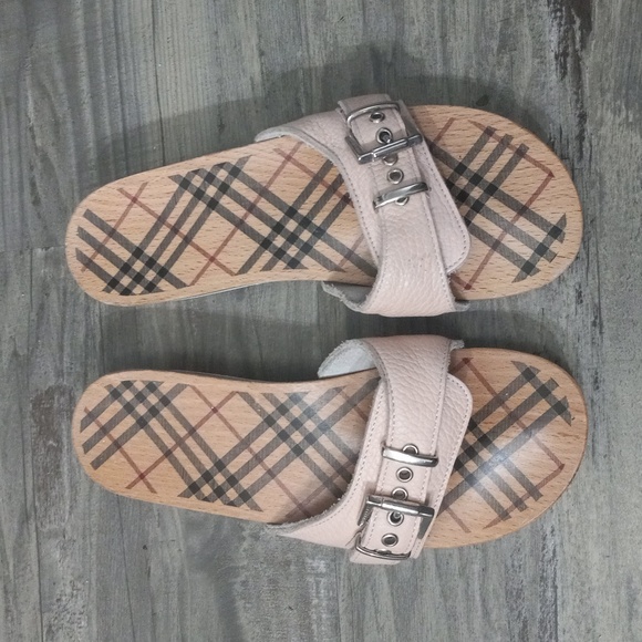 Burberry Leather Buckle Nova Check Wooden Clogs Silver Embellished Sandals 7.5 - Picture 1 of 15